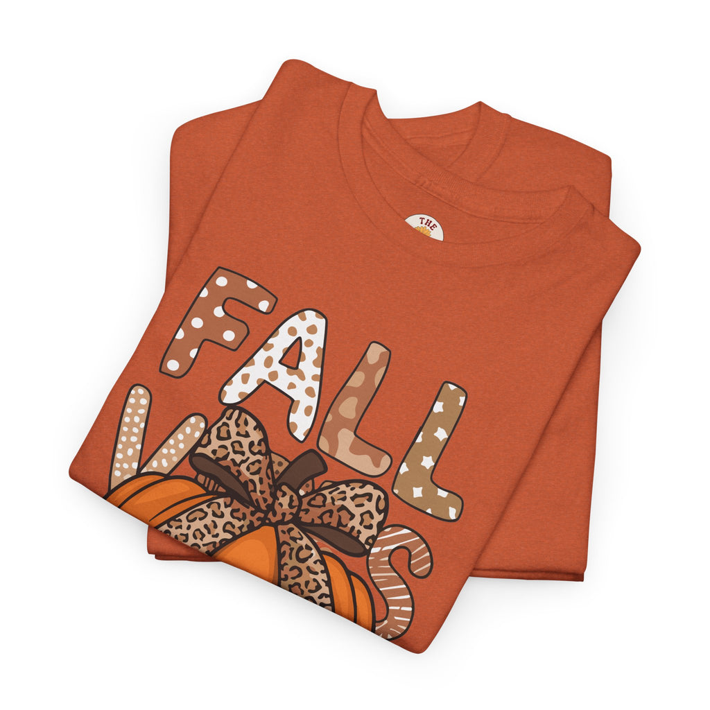 Fall Vibes Pumpkin Tee — Leopard Bow Autumn Graphic T-Shirt