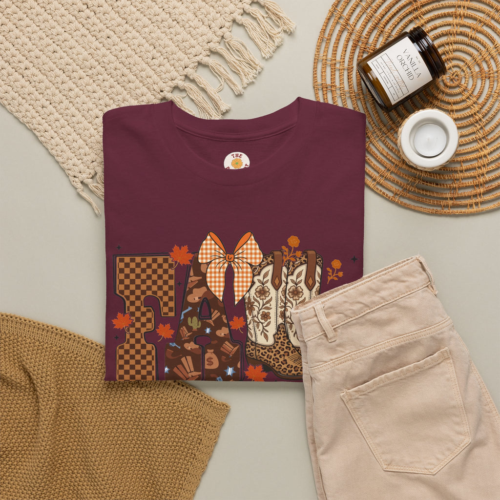 Fall Cowgirl Tee — 'Fall' Boot & Leaf Graphic T-Shirt
