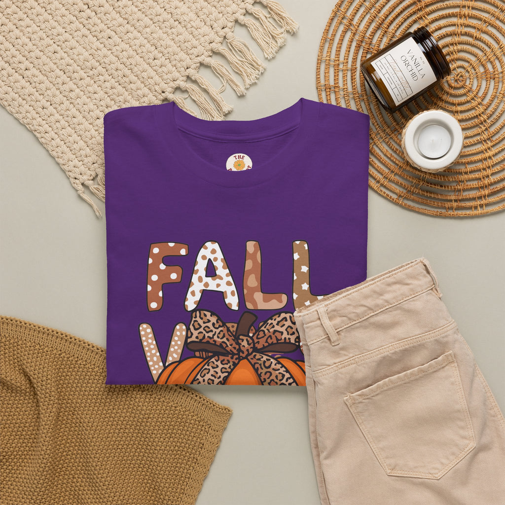 Fall Vibes Pumpkin Tee — Leopard Bow Autumn Graphic T-Shirt