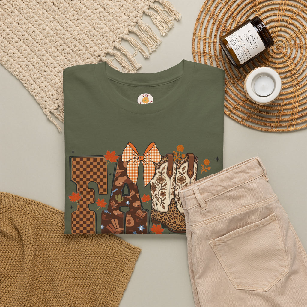Fall Cowgirl Tee — 'Fall' Boot & Leaf Graphic T-Shirt