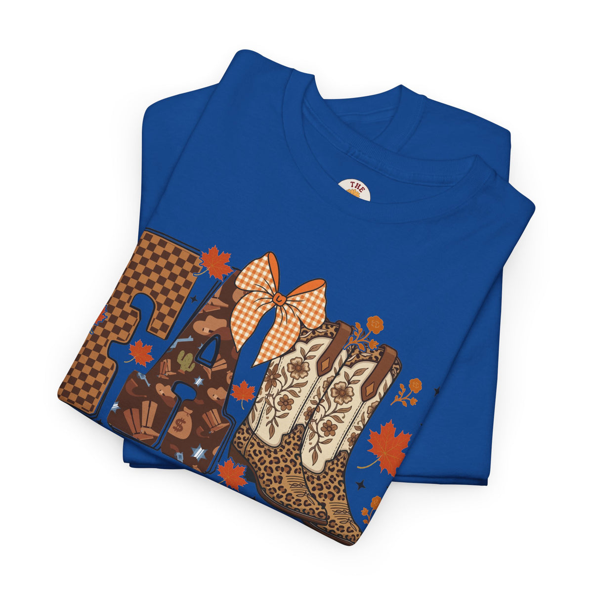 Fall Cowgirl Tee — 'Fall' Boot & Leaf Graphic T-Shirt