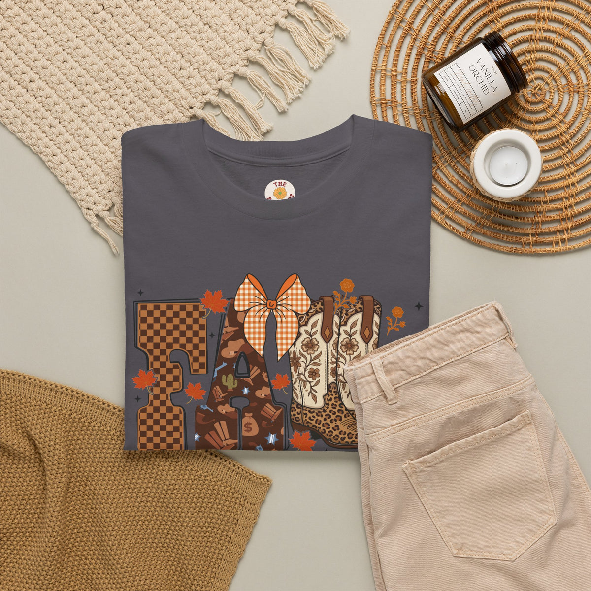 Fall Cowgirl Tee — 'Fall' Boot & Leaf Graphic T-Shirt