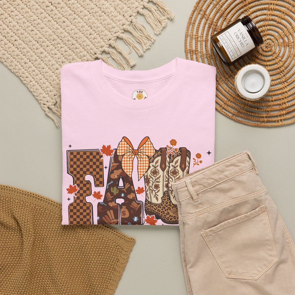 Fall Cowgirl Tee — 'Fall' Boot & Leaf Graphic T-Shirt