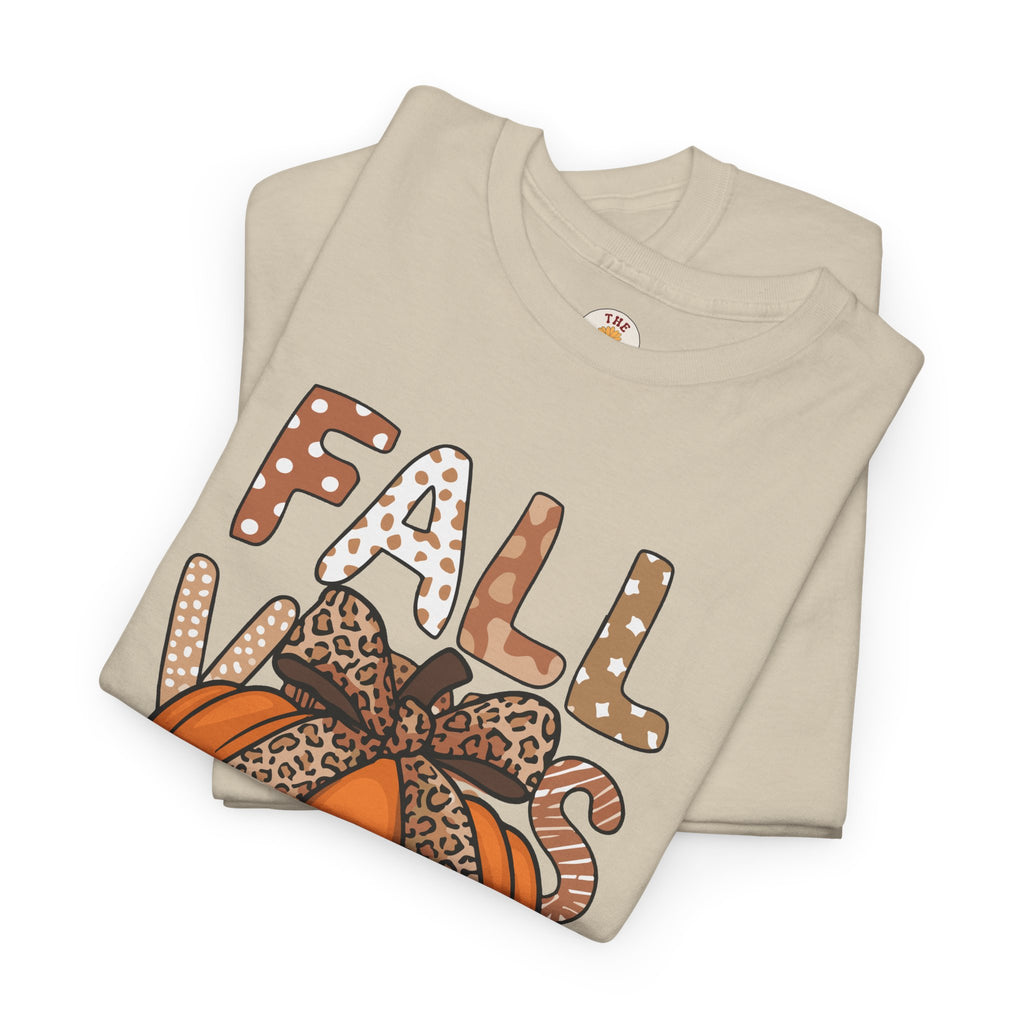 Fall Vibes Pumpkin Tee — Leopard Bow Autumn Graphic T-Shirt